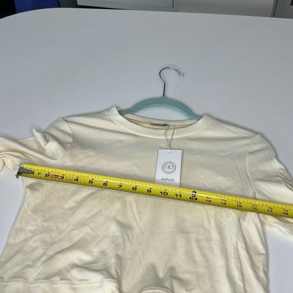 AliPicks Girls  Ivory Ribbed Knit Cotton Tie Front Long Sleeve T-Shirt Size‎ L
